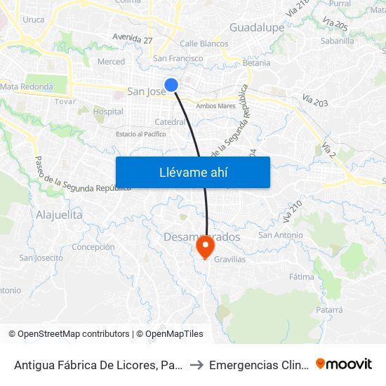 Antigua Fábrica De Licores, Paseo De Las Damas San José to Emergencias Clinica Marcial Fallas map