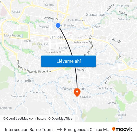 Intersección Barrio Tournon, San José to Emergencias Clinica Marcial Fallas map