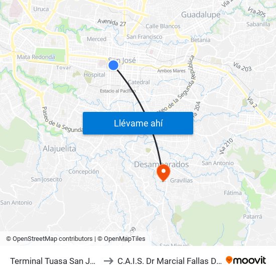 Terminal Tuasa San José to C.A.I.S. Dr Marcial Fallas Díaz map