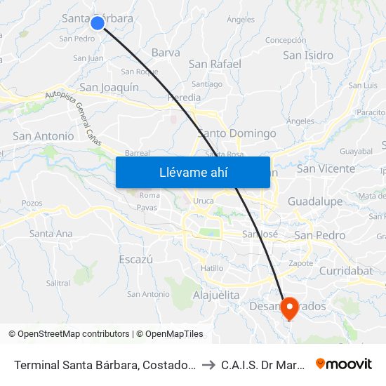 Terminal Santa Bárbara, Costado Sur Parque Santa Bárbara to C.A.I.S. Dr Marcial Fallas Díaz map