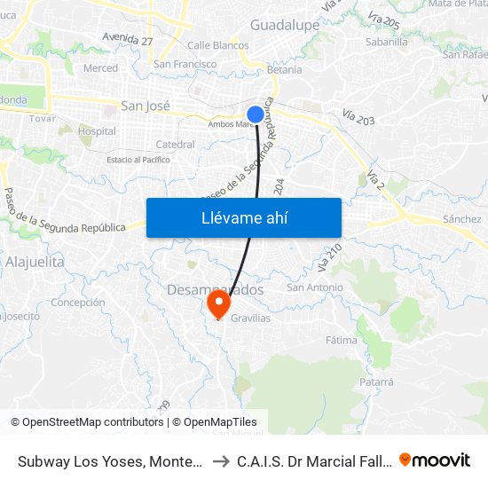 Subway Los Yoses, Montes De Oca to C.A.I.S. Dr Marcial Fallas Díaz map