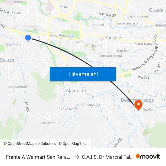 Frente A Walmart San Rafael, Escazú to C.A.I.S. Dr Marcial Fallas Díaz map