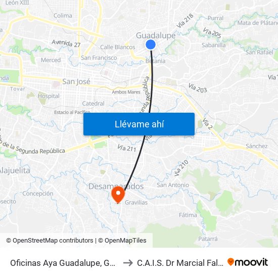 Oficinas Aya Guadalupe, Goicoechea to C.A.I.S. Dr Marcial Fallas Díaz map