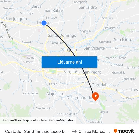 Costador Sur Gimnasio Liceo De Heredia to Clínica Marcial Fallas map