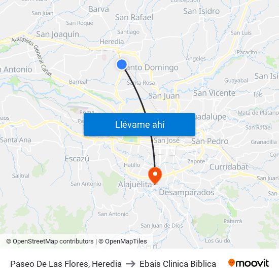 Paseo De Las Flores, Heredia to Ebais Clinica Biblica map