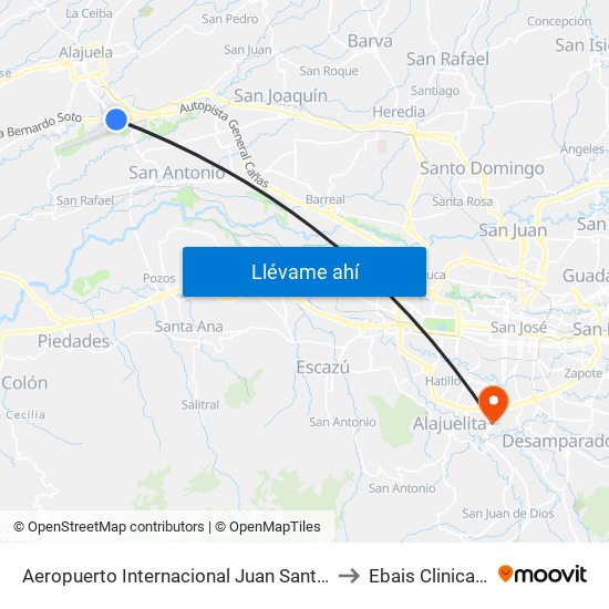 Aeropuerto Internacional Juan Santamaría, Alajuela to Ebais Clinica Biblica map