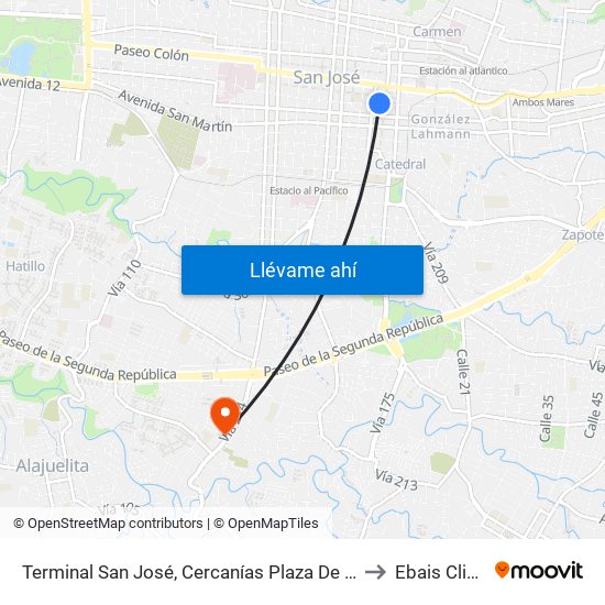 Terminal San José, Cercanías Plaza De Las Garantías Sociales La Soledad to Ebais Clinica Biblica map