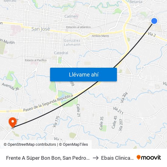 Frente A Súper Bon Bon, San Pedro Montes De Oca to Ebais Clinica Biblica map