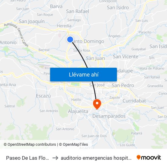 Paseo De Las Flores, Heredia to auditorio emergencias hospital calderon guardia map