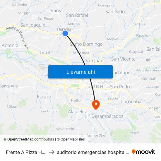 Frente A Pizza Hut, Heredia to auditorio emergencias hospital calderon guardia map