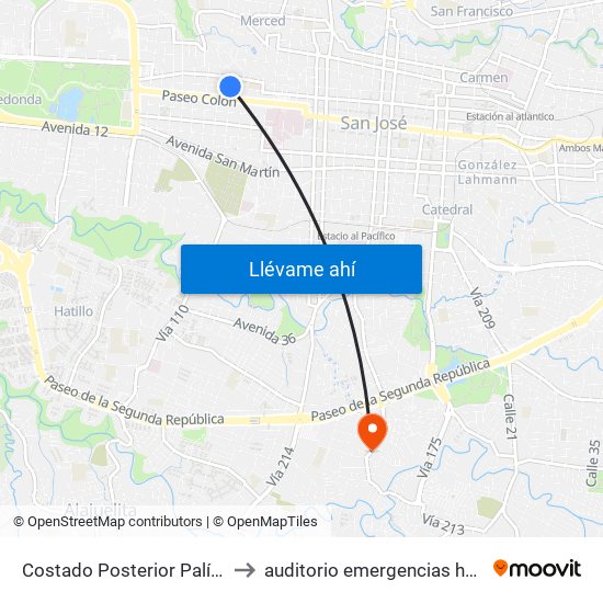 Costado Posterior Palí La Pitahaya, San José to auditorio emergencias hospital calderon guardia map