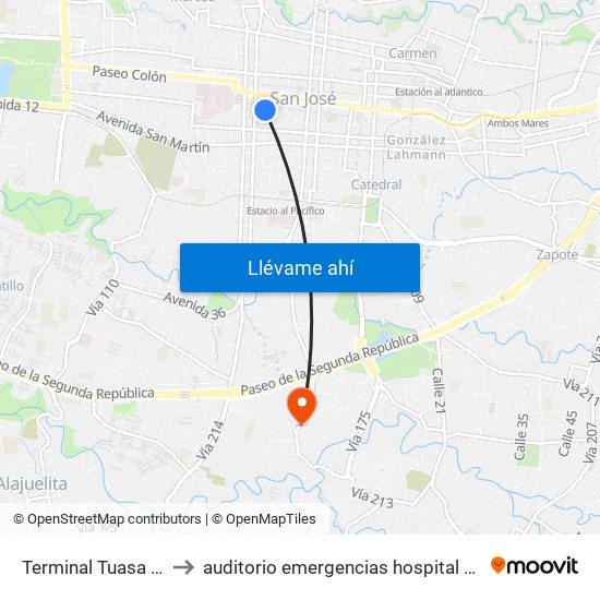 Terminal Tuasa San José to auditorio emergencias hospital calderon guardia map