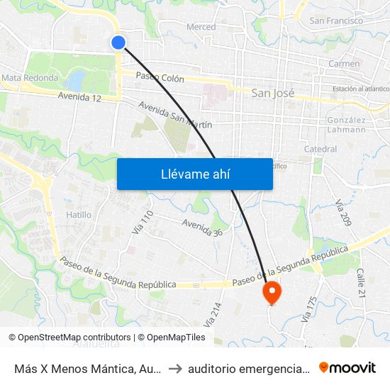 Más X Menos Mántica, Autopista General Cañas San José to auditorio emergencias hospital calderon guardia map
