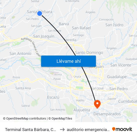 Terminal Santa Bárbara, Costado Sur Parque Santa Bárbara to auditorio emergencias hospital calderon guardia map