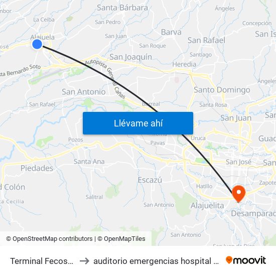 Terminal Fecosa Alajuela to auditorio emergencias hospital calderon guardia map