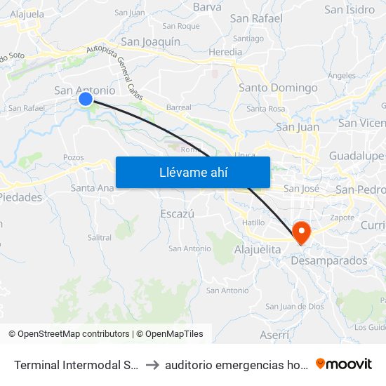 Terminal Intermodal San Antonio De Belén to auditorio emergencias hospital calderon guardia map