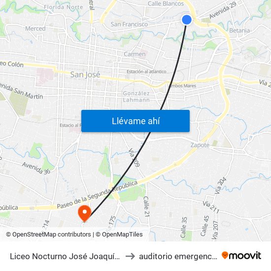 Liceo Nocturno José Joaquín Jiménez Nuñez, Guadalupe Goicoechea to auditorio emergencias hospital calderon guardia map