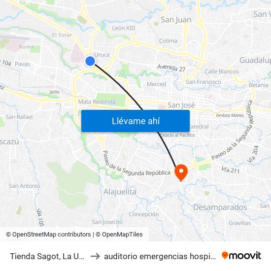 Tienda Sagot, La Uruca San José to auditorio emergencias hospital calderon guardia map