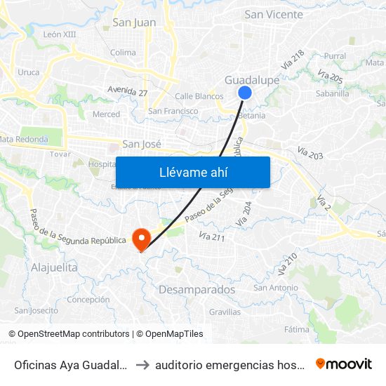 Oficinas Aya Guadalupe, Goicoechea to auditorio emergencias hospital calderon guardia map