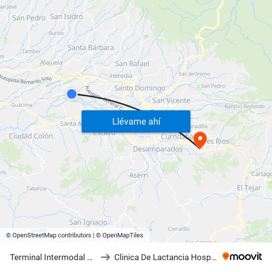 Terminal Intermodal San Antonio De Belén to Clinica De Lactancia Hospital Max Peralta Jimenez map