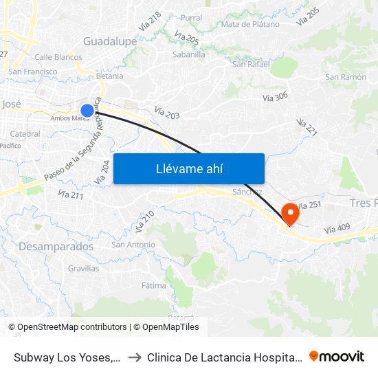 Subway Los Yoses, Montes De Oca to Clinica De Lactancia Hospital Max Peralta Jimenez map