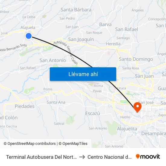 Terminal Autobusera Del Norte, Radial Francisco J. Orlich Alajuela to Centro Nacional de Resonancia Magnética map