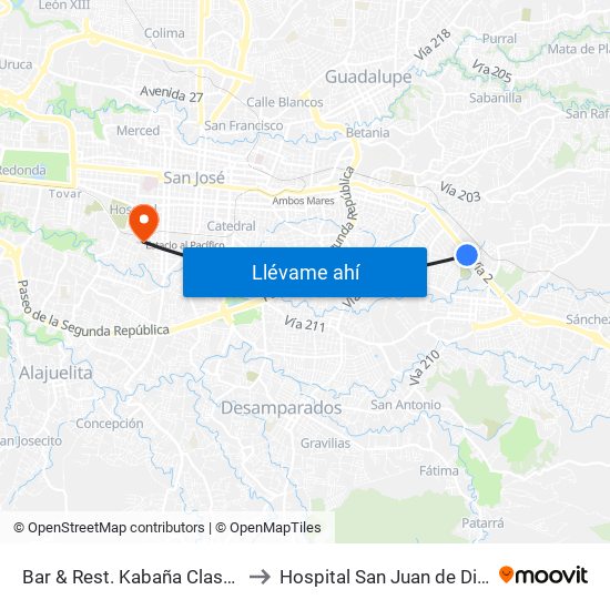 Bar & Rest. Kabaña Classic, Curridabat to Hospital San Juan de Dios, Oncología map