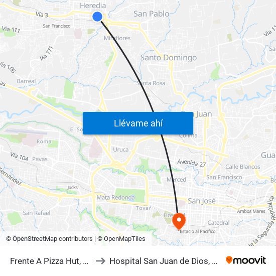 Frente A Pizza Hut, Heredia to Hospital San Juan de Dios, Oncología map