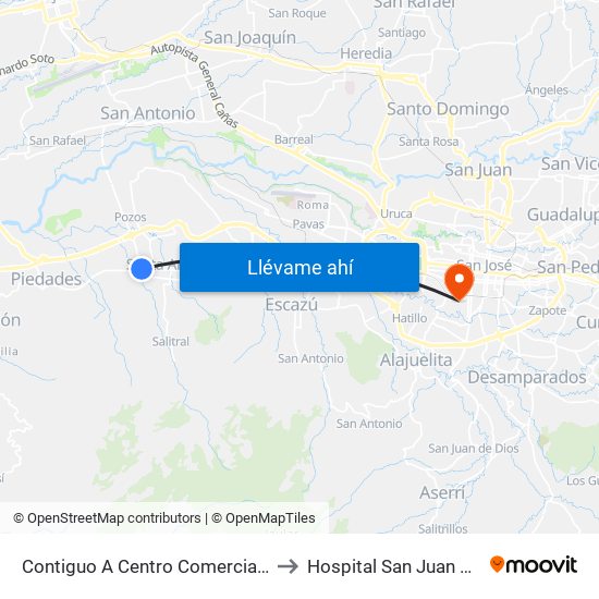 Contiguo A Centro Comercial Santa Ana Town Center to Hospital San Juan de Dios, Oncología map