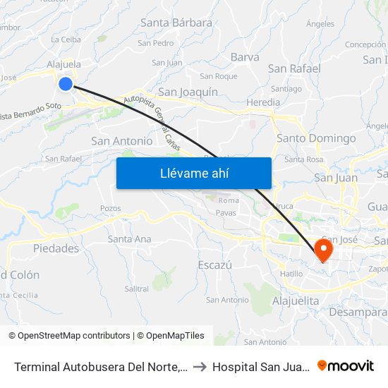 Terminal Autobusera Del Norte, Radial Francisco J. Orlich Alajuela to Hospital San Juan de Dios, Oncología map
