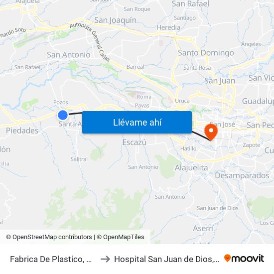 Fabrica De Plastico, Santa Ana to Hospital San Juan de Dios, Oncología map