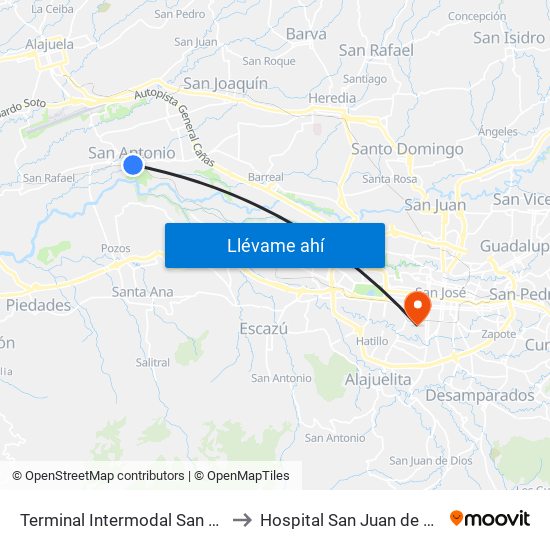 Terminal Intermodal San Antonio De Belén to Hospital San Juan de Dios, Oncología map