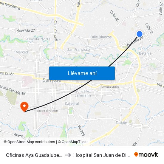 Oficinas Aya Guadalupe, Goicoechea to Hospital San Juan de Dios, Oncología map