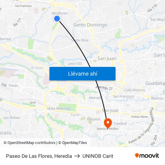 Paseo De Las Flores, Heredia to UNINOB Carit map