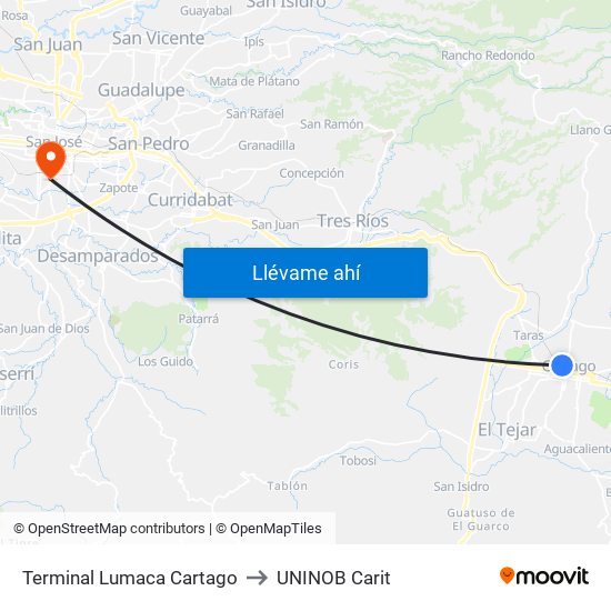 Terminal Lumaca Cartago to UNINOB Carit map