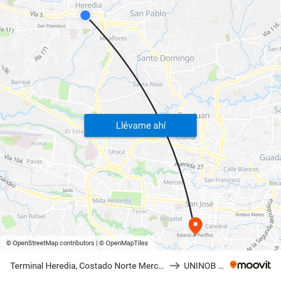 Terminal Heredia, Costado Norte Mercado Heredia to UNINOB Carit map