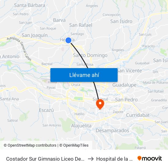 Costador Sur Gimnasio Liceo De Heredia to Hospital de la mujer map