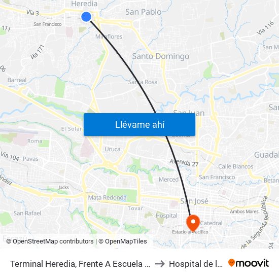 Terminal Heredia, Frente A Escuela Braulio Morales to Hospital de la mujer map