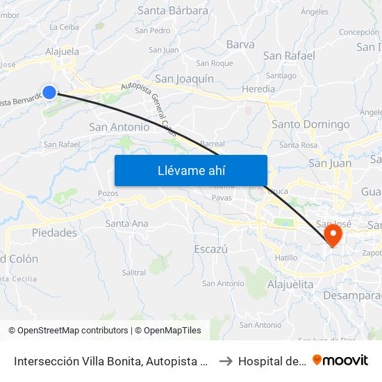 Intersección Villa Bonita, Autopista Bernardo Soto Alajuela to Hospital de la mujer map