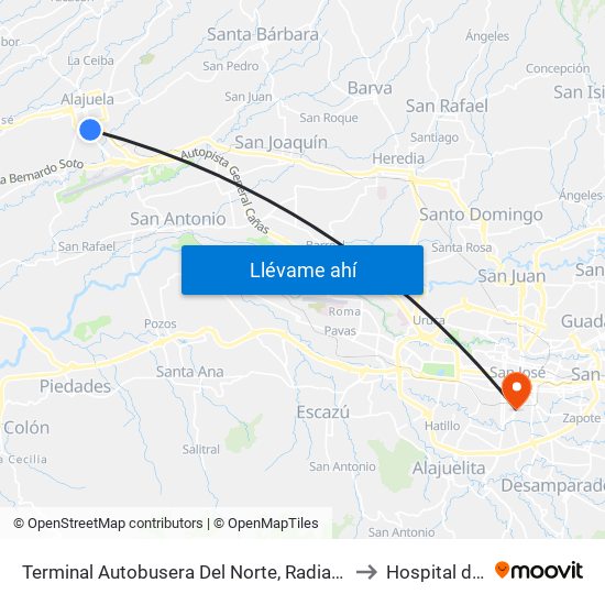 Terminal Autobusera Del Norte, Radial Francisco J. Orlich Alajuela to Hospital de la mujer map