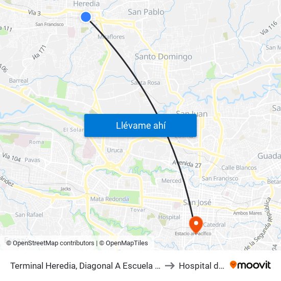 Terminal Heredia, Diagonal A Escuela Braulio Morales Cervantes to Hospital de la mujer map