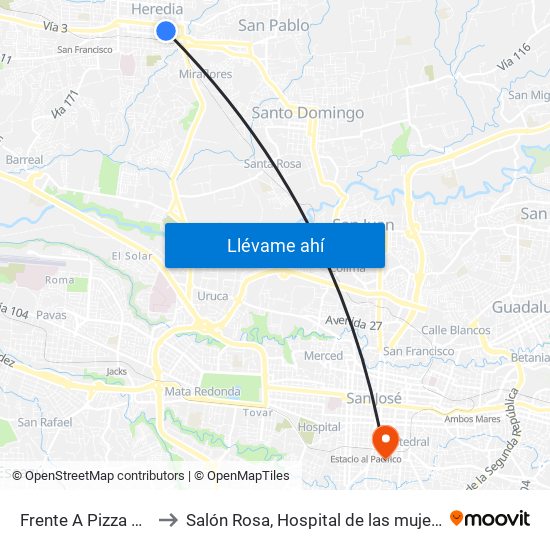Frente A Pizza Hut, Heredia to Salón Rosa, Hospital de las mujeres Dr. Adolfo CARIT map