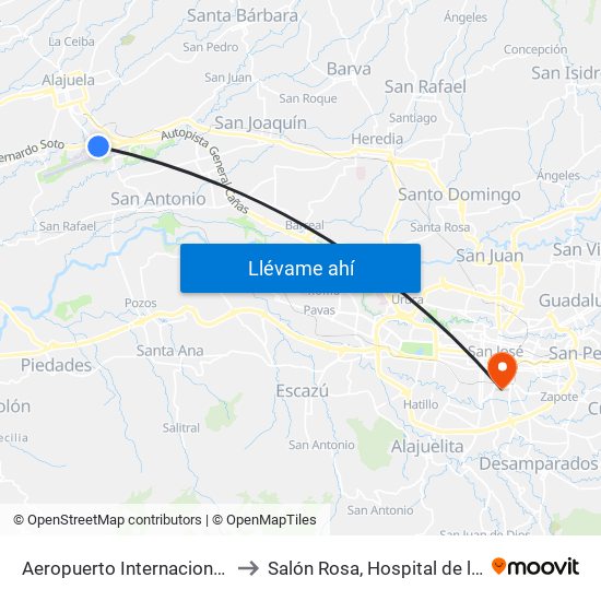Aeropuerto Internacional Juan Santamaría, Alajuela to Salón Rosa, Hospital de las mujeres Dr. Adolfo CARIT map