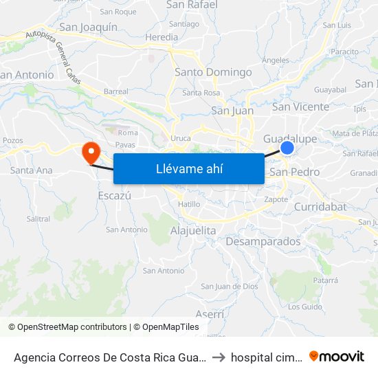 Agencia Correos De Costa Rica Guadalupe, Goicoechea to hospital cima torre 1 map