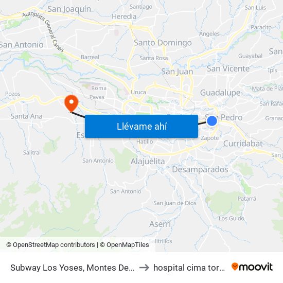 Subway Los Yoses, Montes De Oca to hospital cima torre 1 map