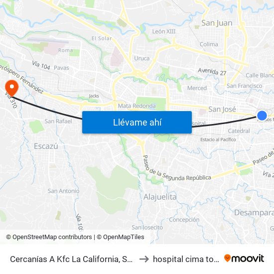 Cercanías A Kfc La California, San José to hospital cima torre 1 map