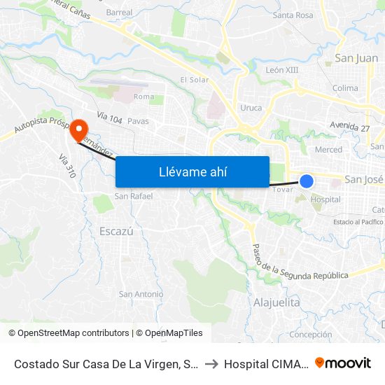 Costado Sur Casa De La Virgen, San Bosco San José to Hospital CIMA San Jose map