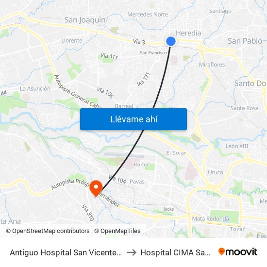 Antiguo Hospital San Vicente De Paul to Hospital CIMA San Jose map