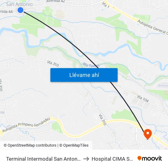 Terminal Intermodal San Antonio De Belén to Hospital CIMA San Jose map