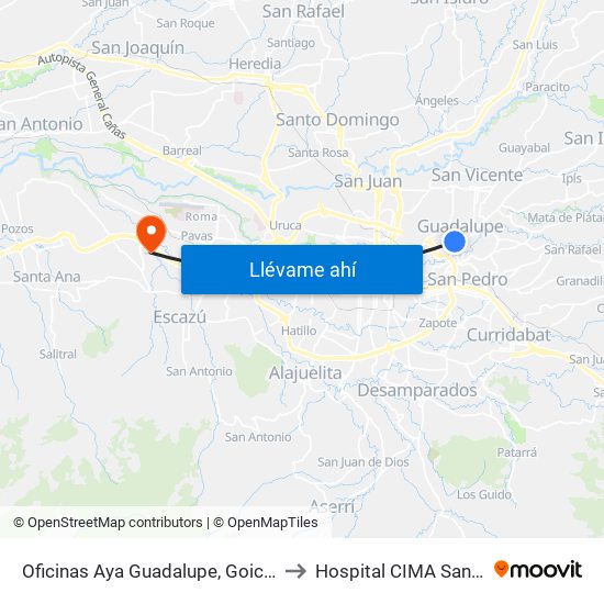 Oficinas Aya Guadalupe, Goicoechea to Hospital CIMA San Jose map